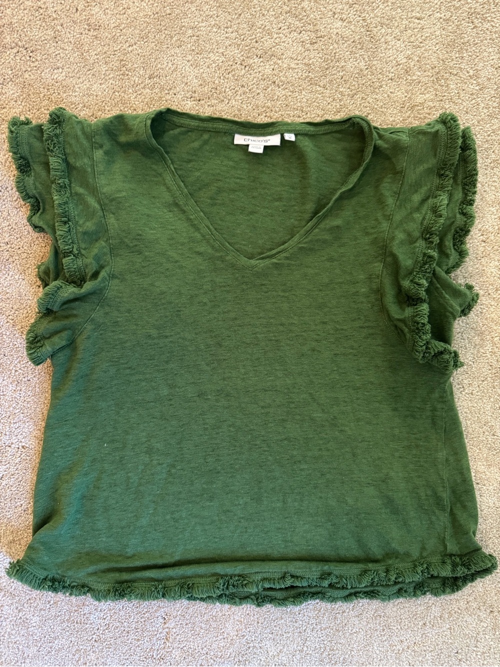 Chico's Linen Green Ruffle Sleeve V-Neck Top Medium